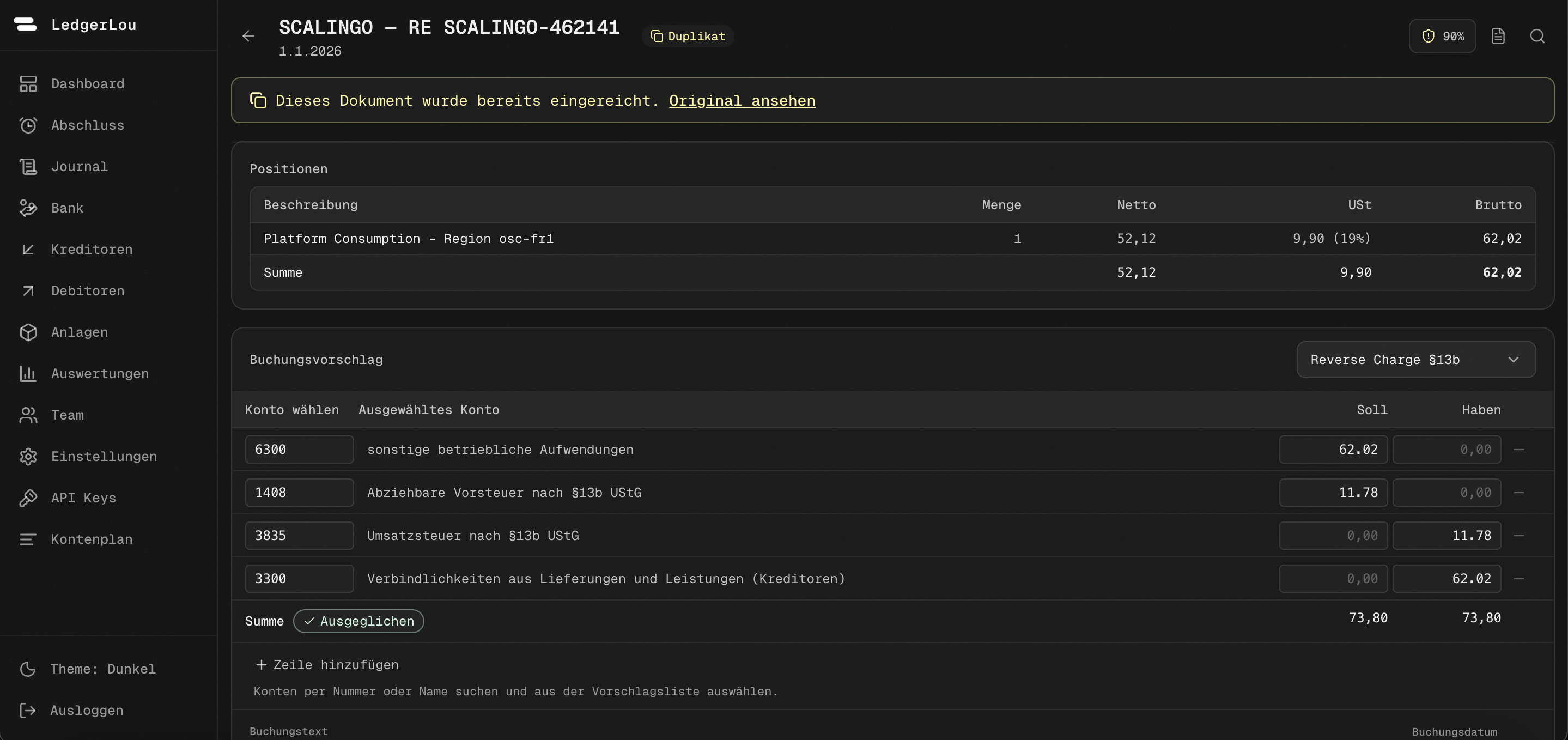 Buchungsvorschlag in den Kreditoren